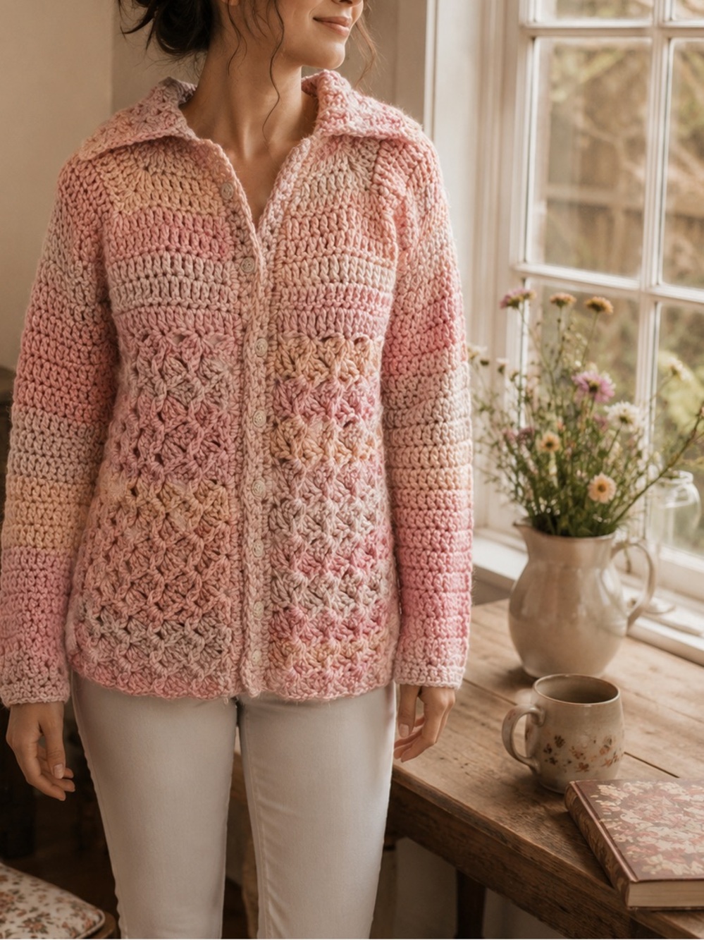 Handmade Crochet Cardigan XS Petite Pink Ombre Cottagecore Button Front Sweater